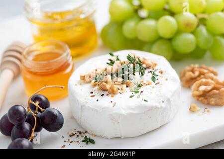 Camembert Käse serviert mit Walnüssen, Trauben und Honig. Nahaufnahme. Gourmet-Weißkäse Stockfoto