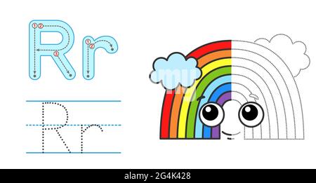 Zeichnen Sie den Buchstaben und das Bild nach, und färben Sie es ein. Pädagogische Kinder verfolgen Spiel. Farbalphabet. Buchstabe R und lustiger Regenbogen Stock Vektor