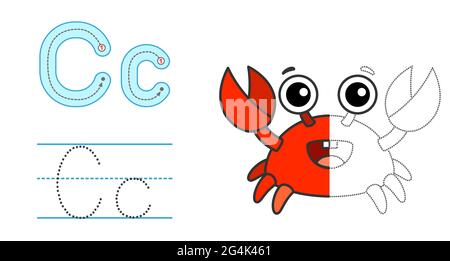 Zeichnen Sie den Buchstaben und das Bild nach, und färben Sie es ein. Pädagogische Kinder verfolgen Spiel. Farbalphabet. Buchstabe C und lustige Krabbe Stock Vektor