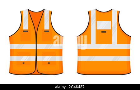 Sicherheits reflektierende Weste Symbol Zeichen flach Stil Design Vektor Illustration Set. Orangefarbene fluoreszierende Sicherheits-Arbeitsjacke mit reflektierenden Streifen. Fr. Stock Vektor