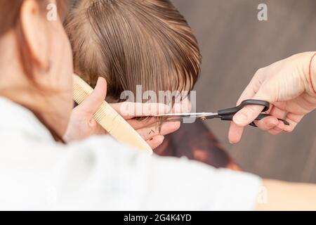 Fürsorgliche weibliche Hände einer Mutter mit Kamm und Schere machen einen modischen Haarschnitt für ihren Sohn zu Hause während der zweiten Sperre. Selektiver Fokus Stockfoto