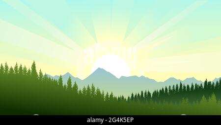Kiefernwald. Silhouetten von Nadelbäumen. Wilde Landschaft horizontal. Berge. Schöne Panoramasicht. Wunderschöne Illustration Vektorgrafiken Stock Vektor