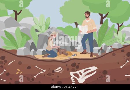 Archäologische Ausgrabungsvektor flache Illustration. Männer und Frauen Wissenschaftler in der Geschichte Expedition. Archäologen erforschen und graben, Paläontologie Wissenschaftler arbeiten bei Ausgrabungen. Stock Vektor