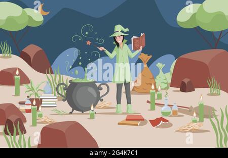 Lächelnde Frau in Hexenhut und grünem Mantel, die mit Hilfe von Buchvektoren ein magisches Gift vorbereitet. Hexenhöhle mit Kessel, Giftflaschen, Tüten mit Zutaten und Kerzen. Halloween-Konzept. Stock Vektor