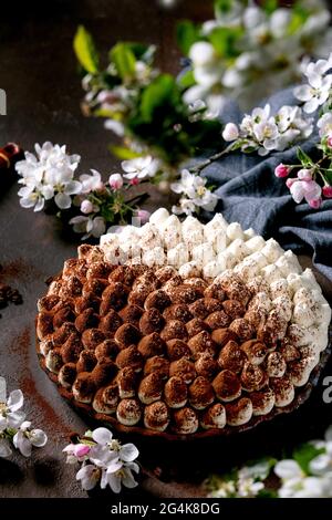 Hausgemachte glutenfreie Tiramisu traditionelle italienische Dessert mit Kakaopulver bestreut verziert mit blühenden Apfelbaum, blaue Textil-Serviette und coff Stockfoto