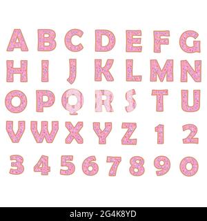 Donut-Alphabet und Zahlen auf weißem Hintergrund. Bäckerei süß lecker Schriftart. Pinke Buchstaben und Zahlen. Stockfoto