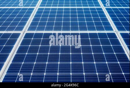 Nahaufnahme von Solarzellen, selektiver Fokus. Stockfoto