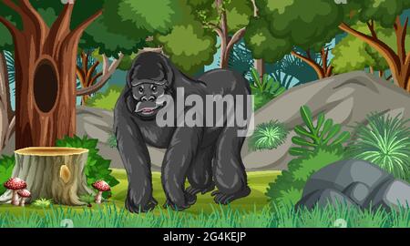Gorilla in Wald- oder Regenwald-Szene mit vielen Bäumen Illustration Stock Vektor