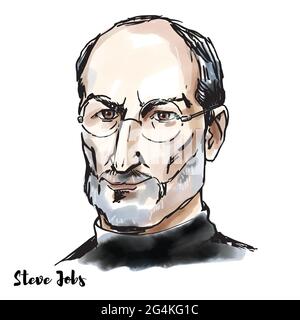 MOSKAU, RUSSLAND - 23. Februar 2020: Steve Jobs Aquarell-Vektorportrait mit Farbkonturen. Amerikanischer Wirtschaftsmagnat, Industriedesigner, Investor, Stock Vektor