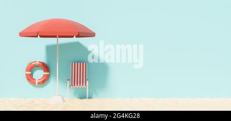 Strand-Rettungsschwimmer stehen mit Stuhl, Sonnenschirm und schweben auf Strandsand mit blauer Hintergrundwand. Kopierplatz. 3d-Rendering Stockfoto