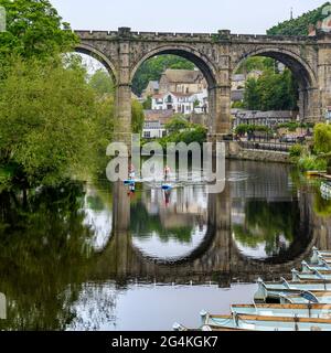 Das Knaresborough Viaduct wurde gebaut, um Züge über den Fluss Nidd zum Bahnhof Knaresborough zu transportieren. Aufgenommen unter den Ruinen von Knaresborough Castle. Stockfoto