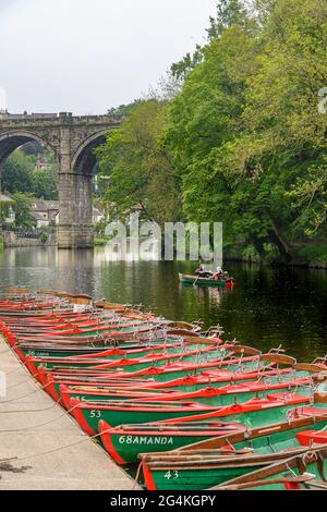 Das Knaresborough Viaduct wurde gebaut, um Züge über den Fluss Nidd zum Bahnhof Knaresborough zu transportieren. Aufgenommen unter den Ruinen von Knaresborough Castle. Stockfoto