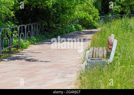 An einem Sommernachmittag sitzt eine leere Parkbank auf einem gepflasterten Fußweg inmitten üppiger grüner Vegetation. Selektiver Fokus, Kopierbereich. Stockfoto