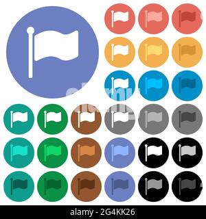 Einfarbige, mehrfarbige flache Symbole auf runden Hintergründen. Im Lieferumfang enthalten sind weiße, helle und dunkle Symbolvarianten für schwebe- und aktive Statuseffekte, ein Stock Vektor