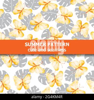 Aquarellmuster mit Schmetterlingen und exotischen Blättern. Sommerbanner. Vektor Stock Vektor