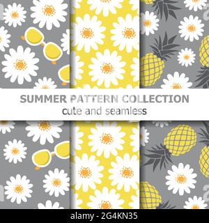 Niedliche Sommer-Musterkollektion mit Gänseblümchen, Sonnenbrillen und Ananas. Sommerbanner. Vektor Stock Vektor
