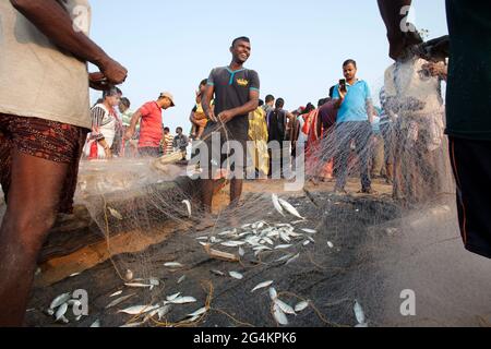 Angelaktivitäten von lokalen Fischern in Puri, Odisha, dem beliebtesten touristischen Strand im Osten Indiens. Stockfoto