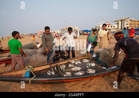 Angelaktivitäten von lokalen Fischern in Puri, Odisha, dem beliebtesten touristischen Strand im Osten Indiens. Touristen genießen und kaufen Fisch. Stockfoto