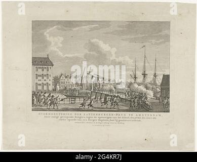 . Die Eroberung der Katzenburger-Brücke zur Insel Kattenburg auf dem rebellischen Orangen-zims durch die bewaffneten Amsterdamer Bürger, 30. Mai 1787. Linker Teil des Land Sea Magazins. Stockfoto