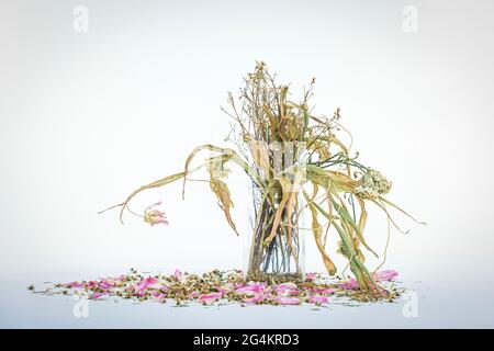 Verwelkt Blumen Bouquet in einer klaren Glasvase, Vintage gefiltert Stockfoto