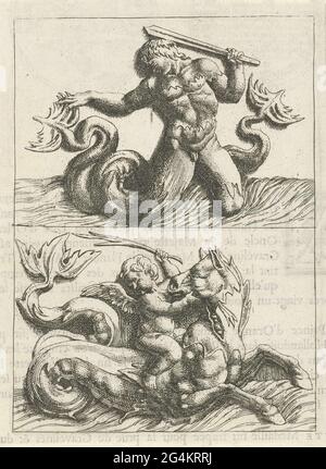 . Oben auf einem triton mit zwei Schwänzen, unten auf einem Cherub mit einem Stock in der Hand. Aus Serien-Vignetten mit Meer-uts und Allegorien, als Illustration im Buch Histoire Metallique de la République de Hollande von P. Bizot. Stockfoto