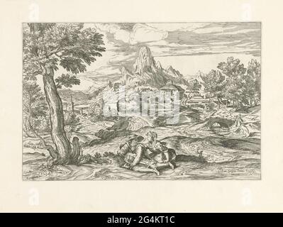 . Bergige Landschaft mit einem bärtigen alten Mann im Vordergrund, der mit einem Drailer Musik macht. Er sieht eine junge Frau an, die ihren Arm um seine Schulter geschlagen hat. In der Ferne fließt ein Bach und liegen Häuser. Der Druck ist Teil einer 53-teiligen Serie von Drucken zu Gemälden von Tizian und Veronese. Stockfoto