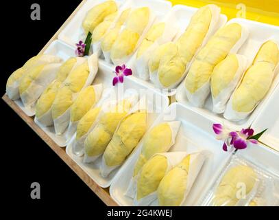 Geschälte Durian auf weichem Papier auf Schaumstoffkarton, thailändische Früchte Stockfoto