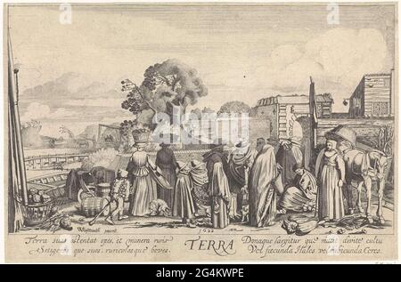 . Landschaft, die das Erdelement darstellt: Viele Figuren mit Körben auf einem Markt, auf dem die Einnahmen des Landes gehandelt werden. Fourded aus einer Serie von vier mit Landschaften wie Teile der vier Elemente. Stockfoto