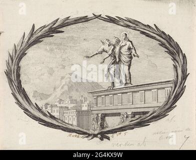 . Eine Performance in einer Kartusche aus Palmenzweigen. Der Teufel und Christus befinden sich beide auf dem Dach eines hohen Tempels. Der Teufel fordert Christus heraus zu springen. Stockfoto