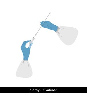 PCR-Test. Hände in medizinischen Handschuhen halten das Reagenzglas mit der Probe. Laboranalyse von Biomaterialien mit Nasenabstrich. Covid-19 Coronavirus-Tests auf Stock Vektor