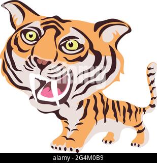 Säbelzahntiger, das Bild des Tigers ist stilisiert und in verschiedenen Farben, Cartoon Stock Vektor