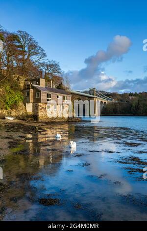 Die Menai Bridge von der Belgischen Promenade am Wales Coast Path, Angelsey, Nordwales Stockfoto