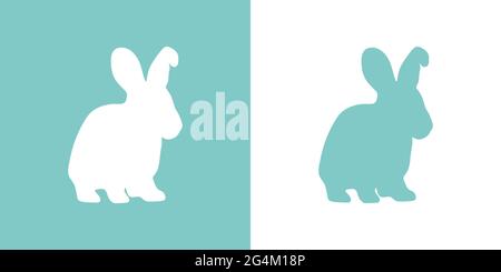 Niedliche Vektordarstellung eines handgezeichneten Kaninchens auf weißem und pastelltürkisfarbenem Hintergrund, Karten- oder Kartendesign. Stock Vektor