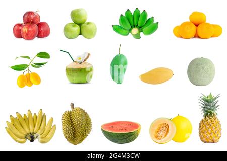 Sammlung Gruppe von frischen Früchten isoliert auf weißem Hintergrund. Stockfoto