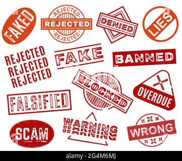Rot gefärbte Stempel mit verschiedenen Inschriften einschließlich Fake Scam falsch abgelehnt überfällig isoliert auf weißem Hintergrund Stock Vektor