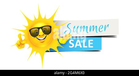 Sun-Zeichen Maskottchen mit Sommer-Sale-Banner Stock Vektor