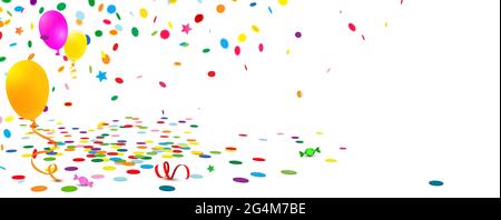 Party Dekoration Landschaft Hintergrund mit bunten Konfetti, Luftschlangen, Luftballons und Süßigkeiten mit Kopierraum Stock Vektor