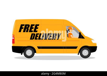 Kostenloser Lieferwagen, Cartoon-Mann lächeln und fahren einen Lieferwagen für die Lieferung mit Glück, für Online-Shopping Logistik-und Transportkonzept, für Deliv Stockfoto