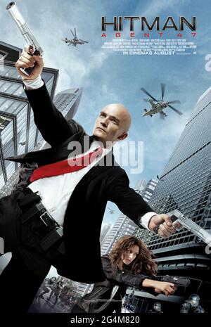 Hitman: Agent 47 (2015) unter der Regie von Aleksander Bach mit Rupert Friend, Hannah Ware und Zachary Quinto. Neustart im Großbildmodus für Agent 47, der sich mit einer Frau zusammenschließt, um ihr zu helfen, ihren Vater zu finden und die Geheimnisse ihrer Vorfahren aufzudecken. Stockfoto