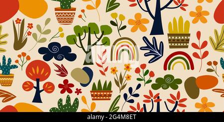 Farbenfrohe moderne handgezeichnete Illustration abstrakte horizontale Blumen- und Pflanzensammlung auf nahtlosem Muster Stockfoto