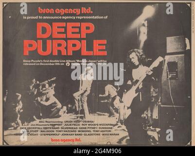 Deep Purple, britische Hardrock-Band, 70er Jahre. Vintage-Presseanzeigen für Live-Konzerte in der Royal Albert Hall 1971 und 1973 UK-Tournee. Ritchie Blackmore, Jon Lord, Ian Gillan, Ian Paice, Roger Glover. Dies ist die berühmte Besetzung, die das Machine Head Album und Smoke auf der Water Hit Single aufgenommen hat. Weitere Erinnerungsstücke verfügbar. Stockfoto