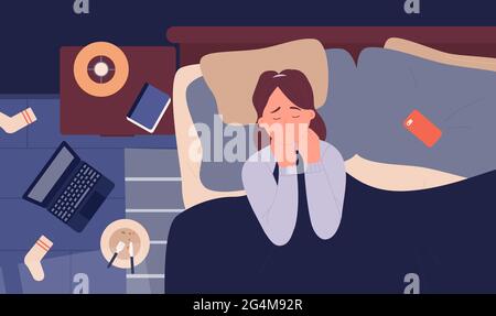 Mädchen in Depression Angst Schlaflosigkeit Problem in der Nacht Vektor-Illustration. Cartoon unglücklich verärgert junge Frau Charakter weinen, depressiv traurig Dame im Bett liegen, Schlafzimmer innen Draufsicht Hintergrund Stock Vektor