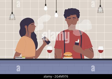 Paar Leute aus an der Bar, romantische Liebe treffen Szene Vektor Illustration. Cartoon junge Frau Mann Figuren sitzen zusammen, dampfen, essen und trinken Rotwein Alkohol am Datum Hintergrund Stock Vektor