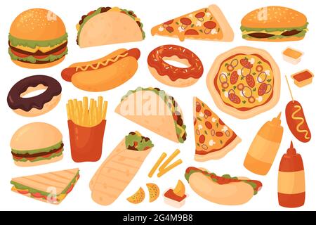 Vektorgrafik für Fast Food-Restaurants. Cartoon lecker Fastfood Mahlzeit Aufkleber Sammlung mit leckeren Hot Dog Sandwich Hamburger Taco Pizza Donut französisch Pommes frites Cheeseburger auf weiß isoliert Stock Vektor