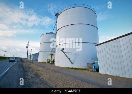 Reislagersilo im nördlichen zentralen Tal von Kalifornien (ADM!) Warten darauf, in den Zug zu Booten für den Export an hungrige Menschen der Welt aufgenommen zu werden Stockfoto