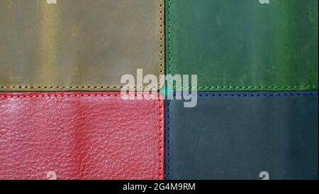 Farbige Texturmuster aus echtem Tierleder. Khaki, rot, grün, blau Stockfoto