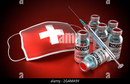 Covid-19, SARS-CoV-2, Coronavirus-Impfprogramm in der Schweiz - Gesichtsmaske, Fläschchen, Spritze - 3D-Illustration Stockfoto