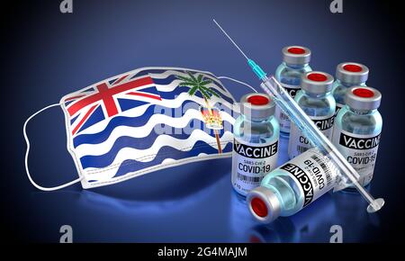 Covid-19, SARS-CoV-2, Coronavirus-Impfprogramm im Britischen Territorium im Indischen Ozean - Gesichtsmaske, Fläschchen, Spritze - 3D-Illustration Stockfoto