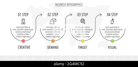 Vektor-Infografiken mit minimalen Linien und Pfeilen. Geschäftskonzept 4 Schritte für Schritt, Optionen, Labels. Flache Vorlage mit vier Möglichkeiten für Diagramm, Diagramm Stock Vektor