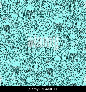 Niedliche marine Leben Doodle nahtlose Muster. Schöne Doodle-Muster auf dem Meer Thema Stockfoto